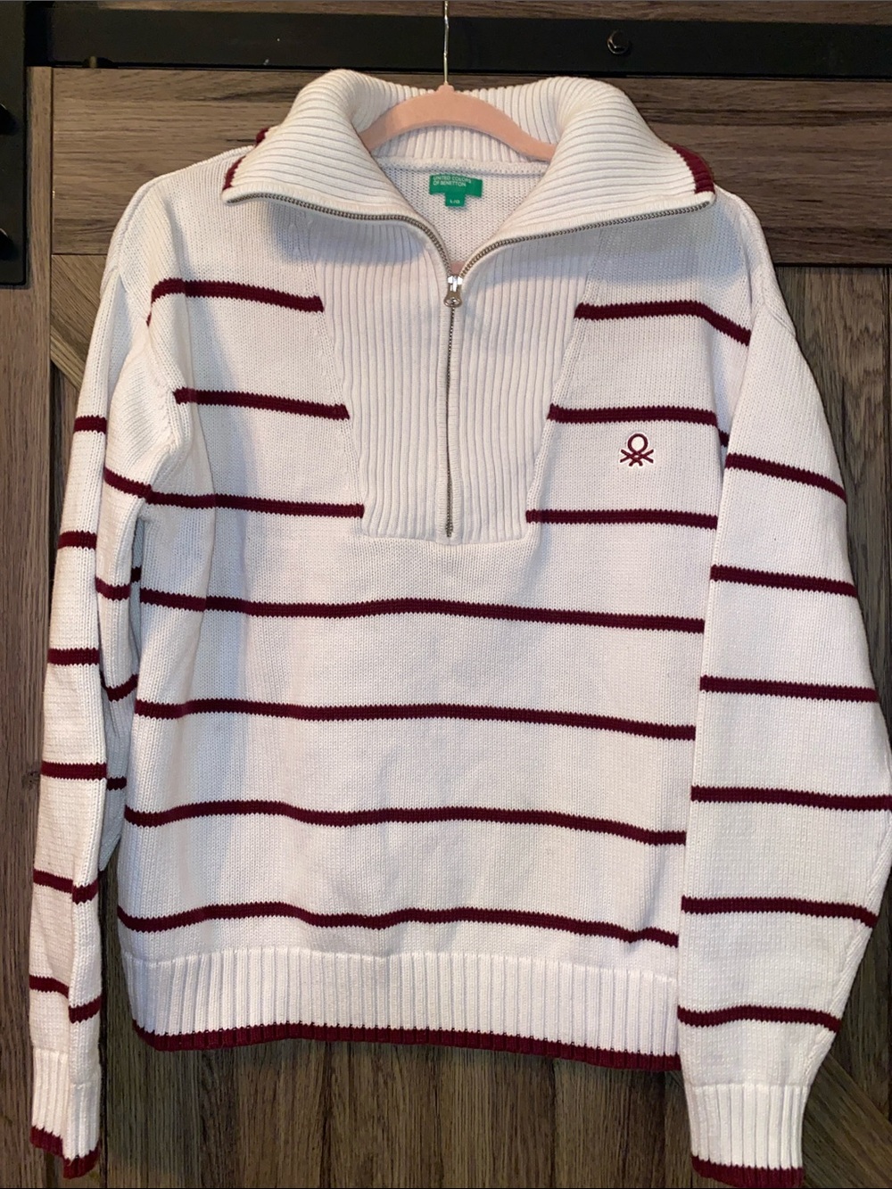 United Colors of Benetton Striped Quarter Zip Sweater White Burgundy Size Large